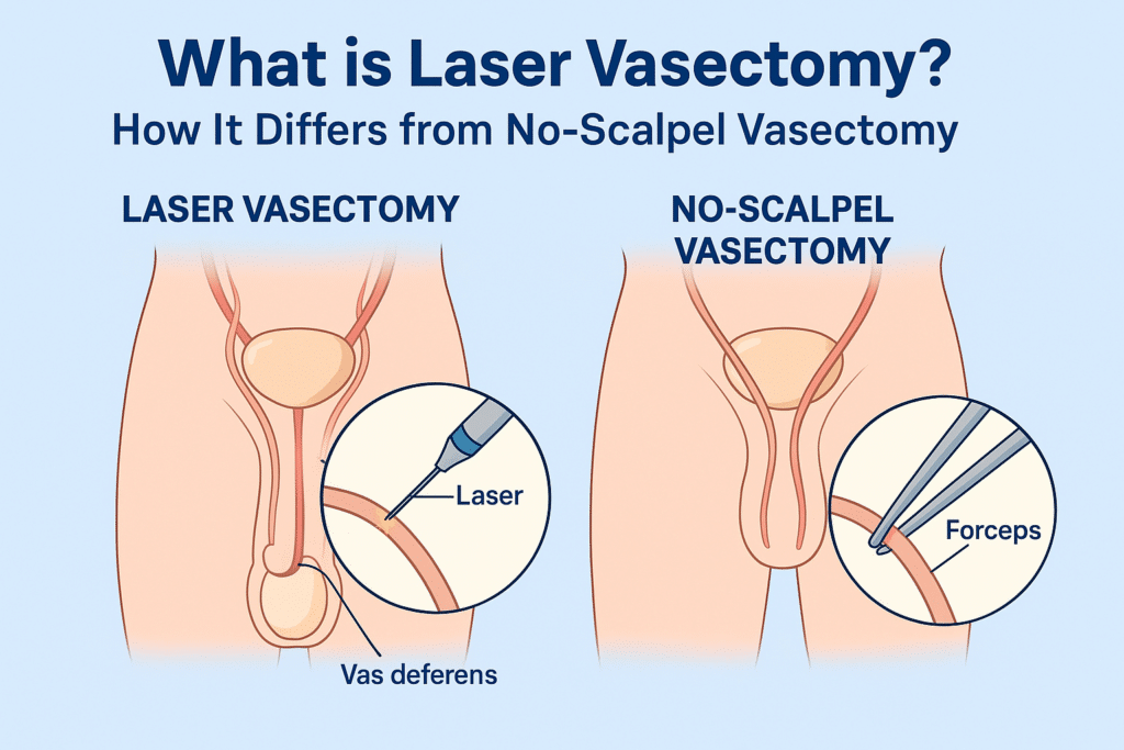 Illustration comparing laser vasectomy and no-scalpel vasectomy